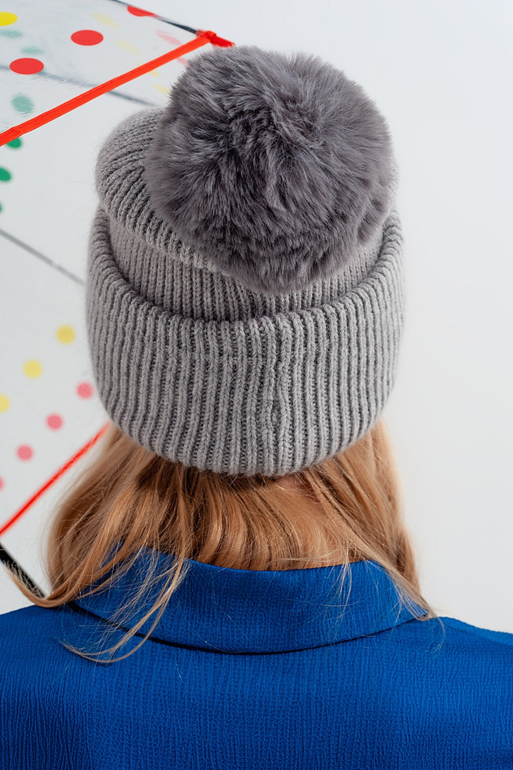 Gray Ribbed Knit Pom-Pom Hat | Wool Blend Winter Beanie