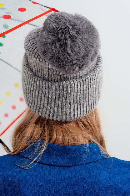 Gray Ribbed Knit Pom-Pom Hat | Wool Blend Winter Beanie