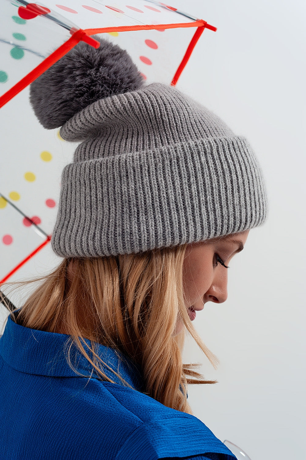 Gray Ribbed Knit Pom-Pom Hat | Wool Blend Winter Beanie