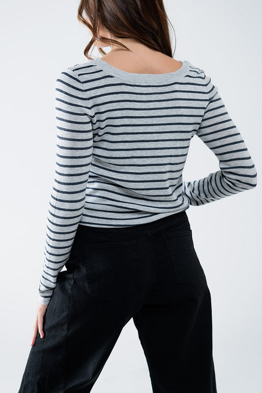 Grey Striped Boat Neck Sweater – Effortless Parisian Knit