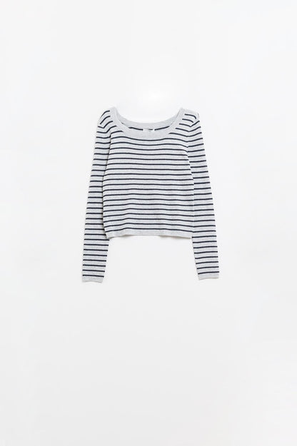 Grey Striped Boat Neck Sweater – Effortless Parisian Knit
