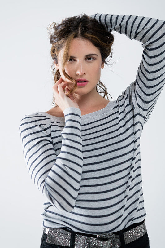 Grey Striped Boat Neck Sweater – Effortless Parisian Knit