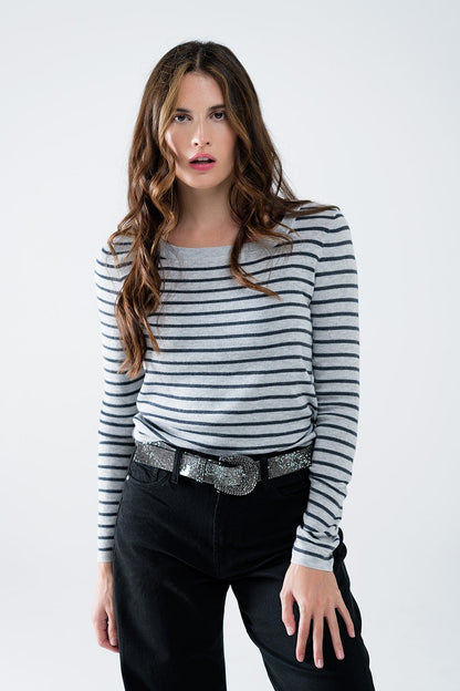 Grey Striped Boat Neck Sweater – Effortless Parisian Knit