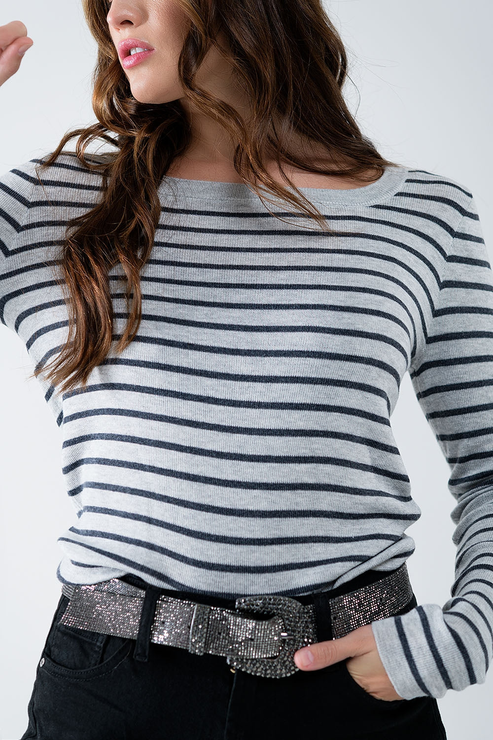Grey Striped Boat Neck Sweater – Effortless Parisian Knit