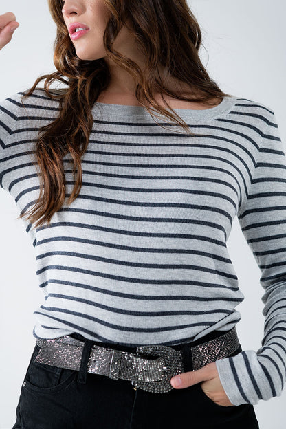 Grey Striped Boat Neck Sweater – Effortless Parisian Knit